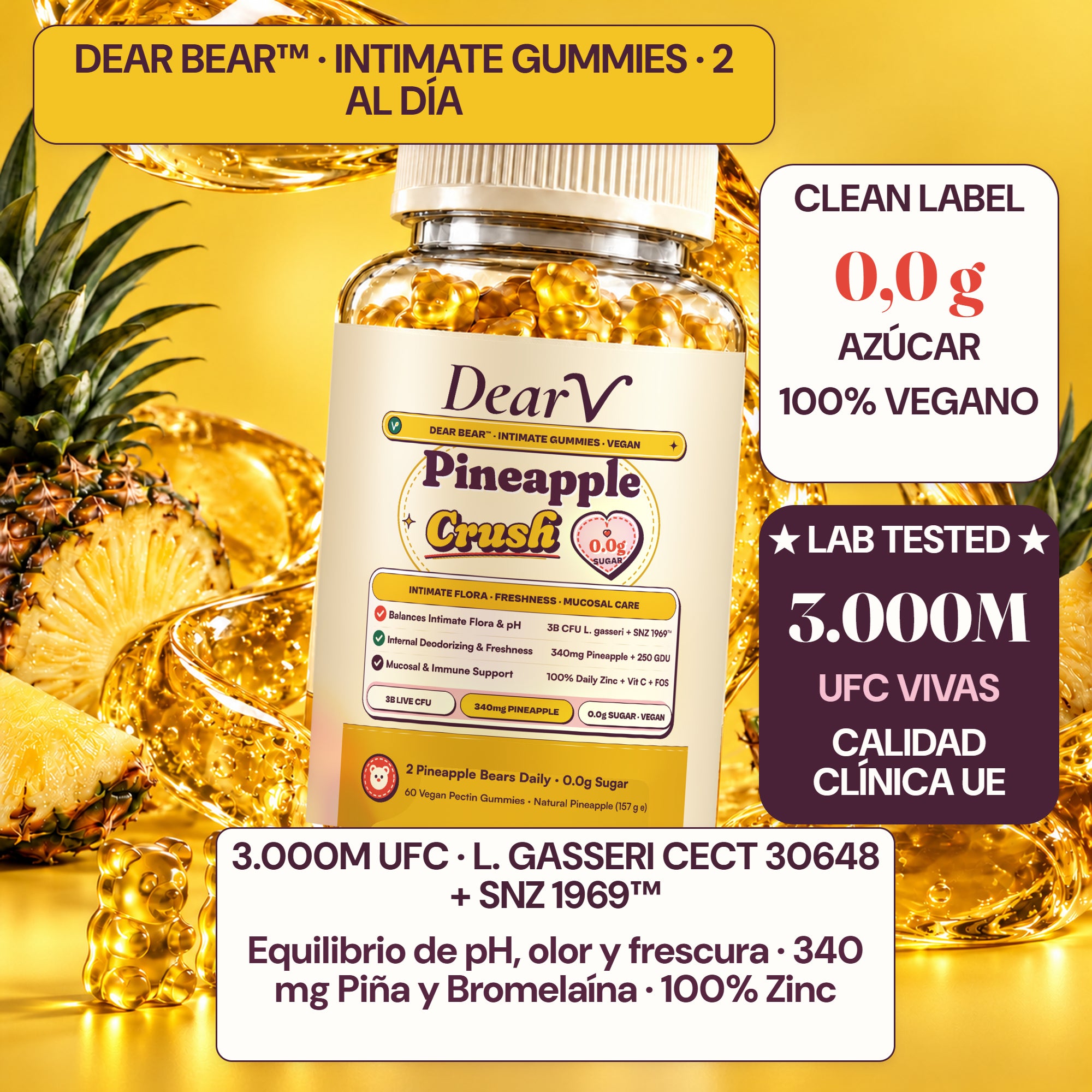 Dear V Pineapple Crush Probiótico Íntimo en Gominolas bote V6 60 ositos 0,0 g azúcar